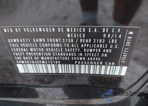 2015 Volkswagen Jetta 2.0L S from USA, damaged, VIN 3VW2K7AJ5FM212186